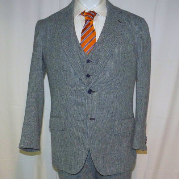 Orazio Luciano Bespoke Pale Bluish Gray Herringbone Tweed Three Piece Suit 42 - Picture 4 of 16